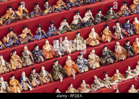 Saitama, Japan. 20th Feb, 2019. Dolls adorn a 7 meter in height pyramid on display at the Elumi Kounosu Shopping Mall in Konosu city. Approximately 1,830 Hina-ningyo (a type of Japanese doll) are on display on 31-tiers of a huge pyramid at the main area of the Elumi Kounosu Shopping Mall to celebrate the Hinamatsuri also called Doll's Day or Girls' Day, which is celebrated on March 3rd. Families yearly display the dolls at home to wish for the healthy growth of girls. Konosu city is known as ''Doll Town'' for a number of factories making Japanese dolls. It has 380-year-old history of maki Stock Photo