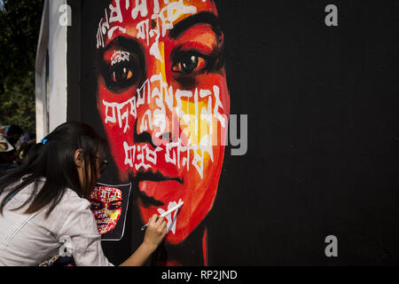 February 20, 2019 - DHAKA, BANGLADESH - FEBRUARY 20 : Bangladeshi students paints on the wall as part of the decoration for the International Mother Language Day celebration in front of the language matyrs monument  in Dhaka, Bangladesh on February 20, 2019...The nation will pay tribute to the Bangla language movement martyrs who sacrificed their life for their mother tongue in 1952, while the United Nations Educational Scientific and Cultural Organization (UNESCO) declared 21 February as the International Mother Language Day. (Credit Image: © Zakir Hossain Chowdhury/ZUMA Wire) Stock Photo