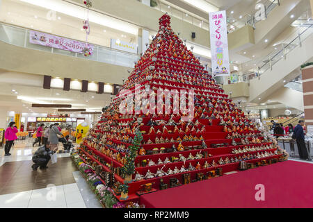 Saitama, Japan. 20th Feb, 2019. A 7 meter in height doll pyramid adorns the Elumi Kounosu Shopping Mall in Konosu city. Approximately 1,830 Hina-ningyo (a type of Japanese doll) are on display on 31-tiers of a huge pyramid at the main area of the Elumi Kounosu Shopping Mall to celebrate the Hinamatsuri also called Doll's Day or Girls' Day, which is celebrated on March 3rd. Families yearly display the dolls at home to wish for the healthy growth of girls. Credit: ZUMA Press, Inc./Alamy Live News Stock Photo