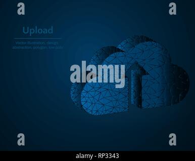 Upload symbol low poly vector illustration, Cloud and arrow to the top polygonal icon, dark blue background Stock Vector