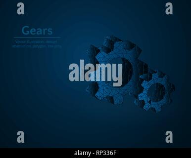 Gears symbol low poly vector illustration, mechanism polygonal icon, operation of the mechanism concept illustration, dark blue background Stock Vector