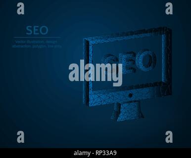 Seo symbol low poly vector illustration, Monitor and seo polygonal icon, optimization concept illustration, dark blue background Stock Vector