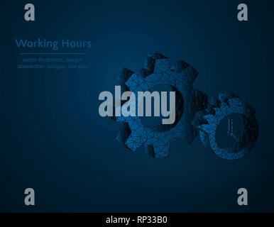 Working hours symbol low poly vector illustration, gear and stopwatch polygonal icon, Fire flame on a stopwatch concept illustration Stock Vector