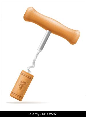 wooden corkscrew with cork vector illustration isolated on white background Stock Vector