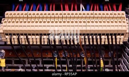 Terminal blocks for electrical connection and earthing terminals for grounding in the control cubicle. Close up. Stock Photo