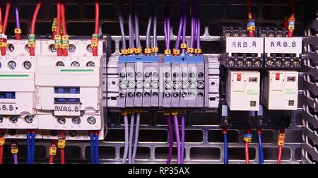 Image shows control cubicle. Electric contactors and circuit breakers inside power case. Stock Photo