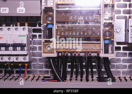 Image shows control cubicle. Circuit breakers and electric device inside power case. Stock Photo