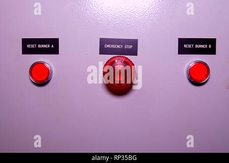 Emergency stop. Emergency button. Red electric buttons Stock Photo