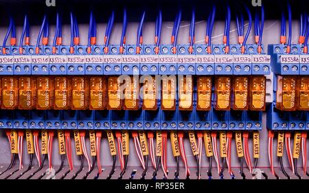 Relay actuators inside the industrial power case. Close up. Stock Photo