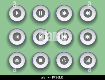 player buttons set in paper cut style. Symbols for play, stop, pause and moving clip forward and back Stock Vector