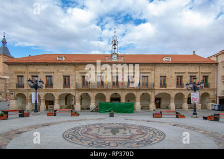 Benavente, Zamora, Spain, June 2017:  facade of the Town Hall in the main square, the historic centre of the town of Benavente