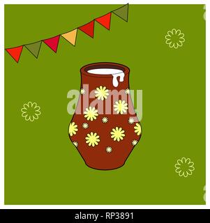 Card with milk. Clay jug. Educational cards or greeting cards. food simbol isolated on green background. Vector illustration spring holiday Shrovetide Stock Vector