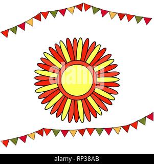 Shrovetide or Maslenitsa. Stylized sun with red and yellow rays. Elements Russian national holiday. Educational cards or greeting cards. fair Stock Vector