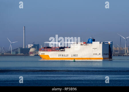 Grande Amburgo, ro-ro cargo ship from Italian company Grimaldi Lines sailing on the Western Scheldt river in front of Vlissingen, Zeeland, Netherlands Stock Photo