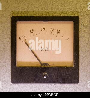 Old analog instrument - Ampere meter isolated on grey background. Stock Photo