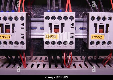 Image shows electric contactors. Close-up. Industrial power case. Stock Photo
