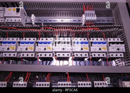 Image shows circuit breakers. Close-up. Modern distribution case. Stock Photo