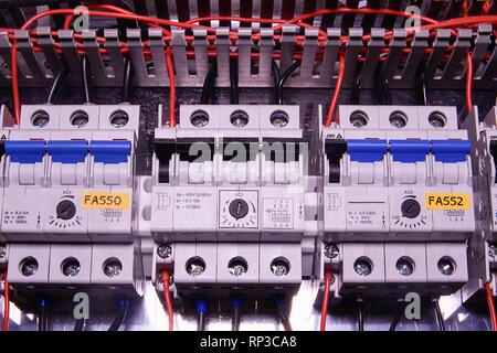 Image shows circuit breakers. Close-up. Industrial power case. Stock Photo