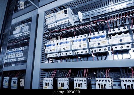 Image shows circuit breakers. Close-up. Modern distribution case. Stock Photo