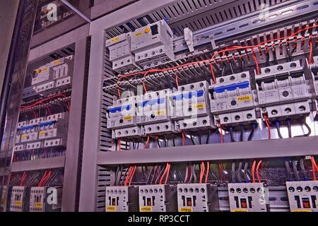 Image shows circuit breakers. Close-up. Modern distribution case. HDR effect. Stock Photo