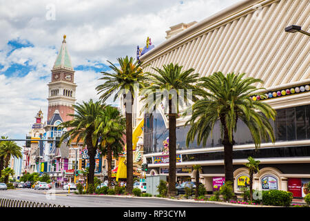 Las Vegas, Nevada, USA - May 17, 2017:  Cityscape of Las Vegas Boulevard with resort casino hotels in view.