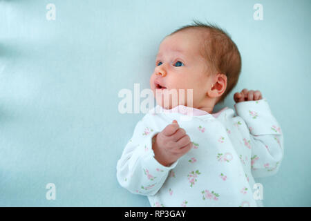 Cute two week old baby girl in cradle Stock Photo