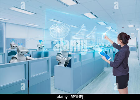 Businesswoman and robot team learning hologram business growth chart, Future technology concept Stock Photo