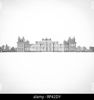 Blenheim Palace. The Front Facade and lawns of Blenheim Palace in the snow - Black and white. Blenheim Palace in Woodstock, Oxfordshire, England Stock Photo