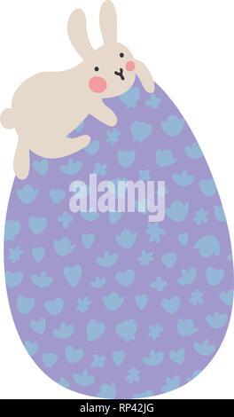 Easter eggs with pictures. A cute little bunny climbed onto a large violet egg and looks down. Easter or Kid Vector Illustration. Soft pastel colors. Stock Vector