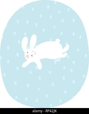 Cartoon Bunny is running under snowfall. Easter bunny. Kid Vector Illustration. Winter landscape for the New Year and Christmas. Soft pastel colors. Stock Vector