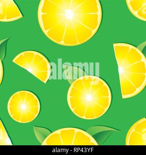 Seamless background with Lemon slices on green background, vector illustration Stock Vector