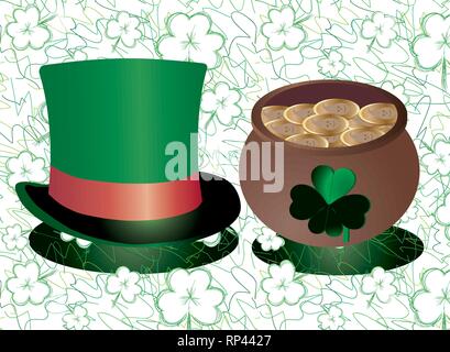 Background for St. Patrick's Day decoration with green top hat and pot with leprechaun gold on hand drawn background for use in any social networks an Stock Vector