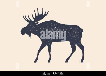 Moose, wild deer. Concept design of farm animals - Moose side view profile. Isolated black silhouette moose or wild deer on white background Stock Vector