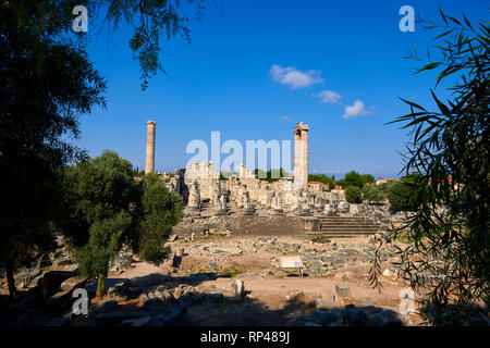Picture of the ruins of the Ancient Ionian Greek  Didyma Temple of Apollo & home to the Oracle of Apollo.  Also known as the Didymaion completed circa Stock Photo
