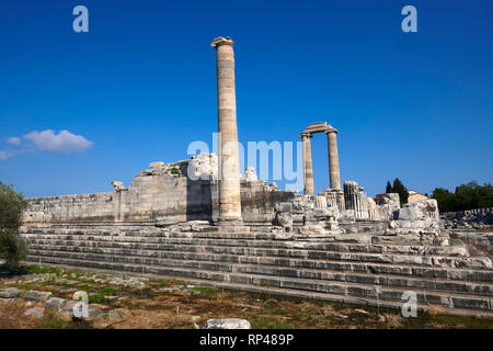 Picture of the ruins of the Ancient Ionian Greek  Didyma Temple of Apollo & home to the Oracle of Apollo.  Also known as the Didymaion completed circa Stock Photo