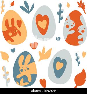 Set of Easter design elements. Eggs, flowers, willow, branches, hearts, patterns. Perfect for holiday decoration and spring greeting cards Stock Vector