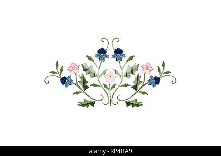 Pattern for embroidery bouquet of blue-bluish and pink flowers on twisted stems with leaves on a white background Stock Photo
