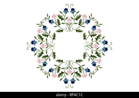 Oval wreath of embroidered bouquets with blue-bluish and pink flowers on twisted stems with leaves on white background Stock Photo