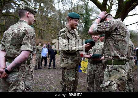 The Duke of Sussex carries out a Green Beret presentation during a visit to 42 Commando Royal Marines at their base in Bickleigh. Stock Photo