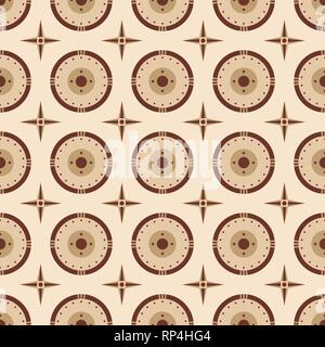 Vector seamless pattern of round shields and four-pointed stars. Flat design. Color geometric illustration. Stock Vector