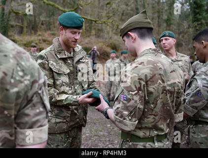 The Duke of Sussex carries out a Green Beret presentation during a visit to 42 Commando Royal Marines at their base in Bickleigh. Stock Photo