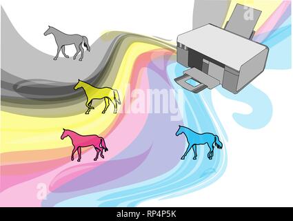 cmyk colors of printer. abstract horses as ink for printer Stock Vector