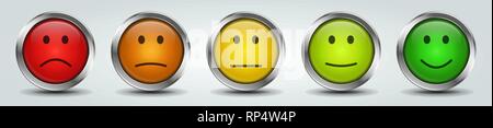 5 different colored feedback and rating buttons with smileys Stock Vector