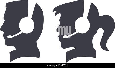 Vector silhouette of call center man and woman with headset Stock Vector