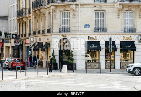 PARIS, FRANCE - MAY 21, 2016: Dubail Rolex watch luxury fashion store facade signage in central Paris street Stock Photo