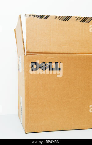 PARIS, FRANCE - AUG 23, 2017: cardboard box with DELL computer logo spare part inside IT department delivery of new computer workstation server components parts Stock Photo