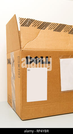 PARIS, FRANCE - AUG 23, 2017: New unboxing - cardboard box with DELL computer logo spare part inside IT department delivery of new computer workstation server components parts Stock Photo