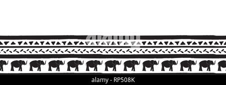 Vector seamless border with elephants hand drawn stripes and triangles . Hand drawn black stripes and triangles. Stock Vector
