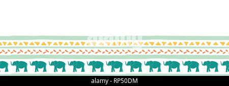 Vector seamless border with elephants hand drawn stripes and triangles . Hand drawn orange, green, yellow and blue stripes and triangles. Stock Vector