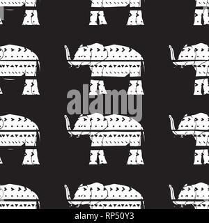 Vector seamless pattern with elephants hand drawn stripes and triangles . Hand drawn black and white stripes and triangles. Stock Vector
